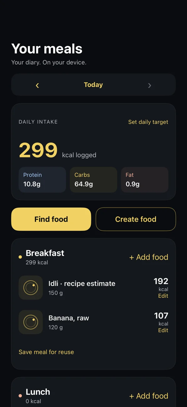 Kinetic food diary with sample meal entries, calorie totals and protein, carbohydrate and fat tiles