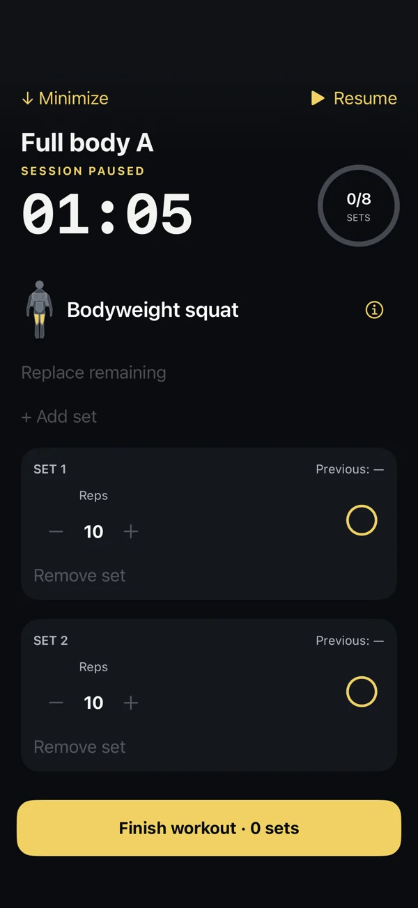 Kinetic workout tracker showing sample sets, reps and a paused workout timer